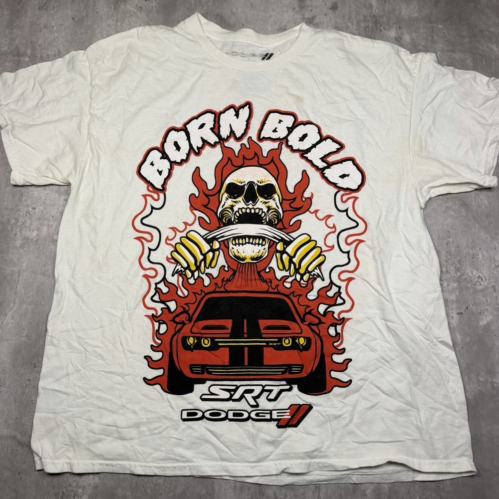 New Dodge Mopar T-Shirt Men's Large Ivory Born Bold Dodge Hellcat SRT Skull Fire